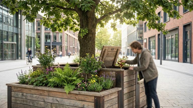 Composteur arboricole en bois intégré à un arbre urbain, entouré de verdure et fleurs. Une personne floue y dépose des déchets.