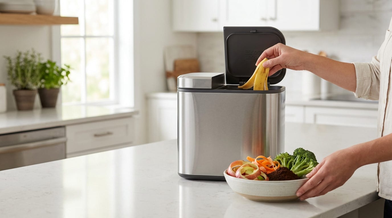 A person's hands place a banana peel into a sleek, stainless steel kitchen composter on a light countertop, next to a bowl of organic waste in a modern kitchen.
