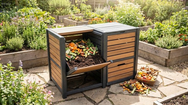 Modern wood and dark-framed compost bin filled with colorful food scraps and soil, in a sunny, well-kept garden with raised beds.