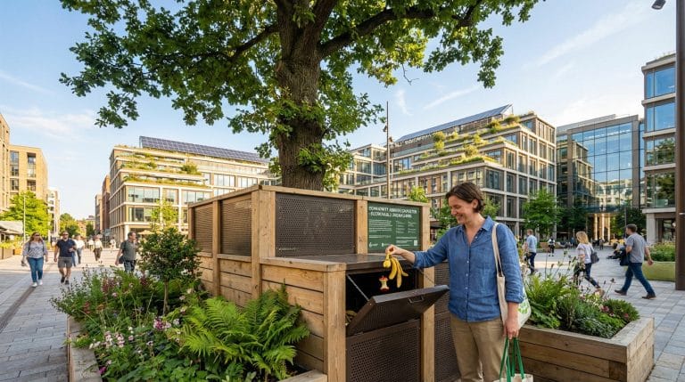 Femme souriante déposant des biodéchets dans un arboricomposteur communautaire en bois, entouré de verdure urbaine et de bâtiments écologiques.