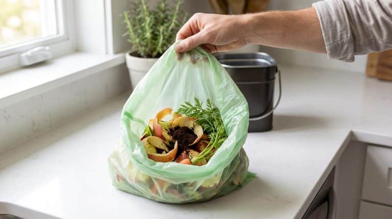 Main tenant un sac compostable vert rempli d'épluchures et de marc de café sur un comptoir de cuisine, avec bac à compost.