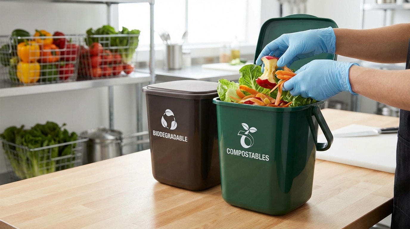 Une personne gantée jette des restes de légumes dans un bac « COMPOSTABLES », à côté d'un bac « BIODEGRADABLE », dans une cuisine.