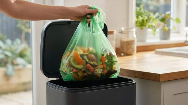 Une main dépose un sac en plastique vert rempli de restes alimentaires dans une poubelle de cuisine.