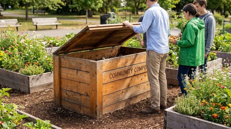 Trois personnes utilisent un grand composteur en bois dans un jardin public avec des fleurs et des bacs potagers.