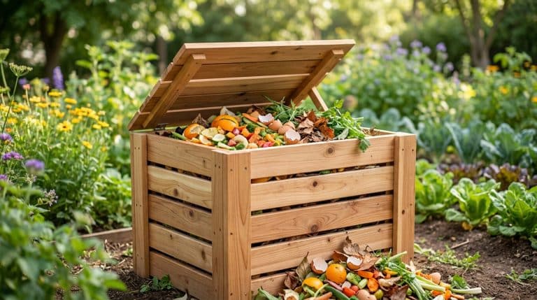 Un composteur en bois rempli de déchets organiques dans un jardin fleuri avec des restes alimentaires au sol.