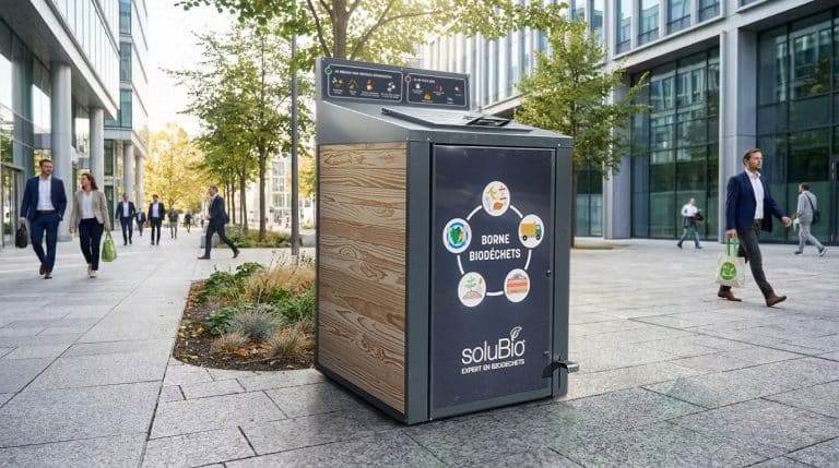 Un abribac moderne pour biodéchets installé sur une place piétonne urbaine, entouré de passants en tenue de bureau.