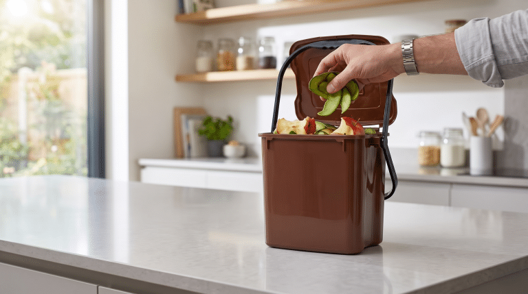 Une main dépose des restes de légumes dans un seau de compostage en acier inoxydable posé sur un comptoir de cuisine.