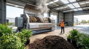 Un employé surveille un composteur industriel en acier fumant dans un entrepôt, entouré de plantes en pot.