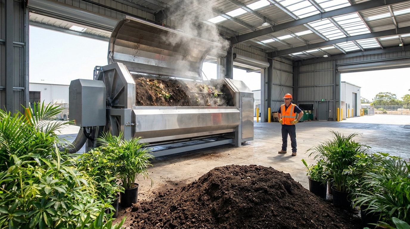 Un employé surveille un composteur industriel en acier fumant dans un entrepôt, entouré de plantes en pot.