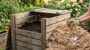 Une personne gantée manipule du broyat de bois à côté d'un bac à compost en bois dans un potager.