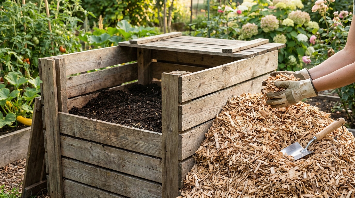 Une personne gantée manipule du broyat de bois à côté d'un bac à compost en bois dans un potager.