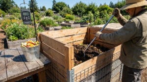 Un jardinier utilise un outil pour retourner son compost en bois, avec un seau de déchets pesé sur une balance.