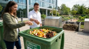 Un homme et une femme déposent des restes alimentaires dans un bac de compostage vert devant un immeuble de bureaux.