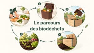 Illustration du cycle de valorisation des biodéchets, du tri urbain à la production d'énergie et de compost pour les jardins.