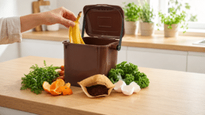Une main place une peau de banane dans un bac à compost en céramique sur un comptoir de cuisine.