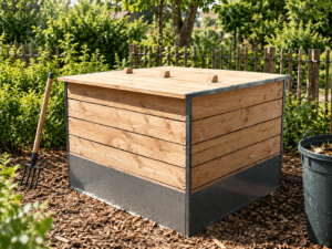 Composteur en bois équipé de protections anti-rongeurs en acier galvanisé pour empêcher l'intrusion des rats.