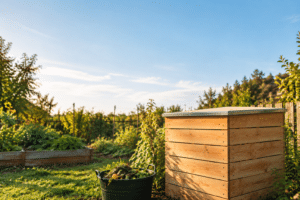 Un composteur en bois ouvert rempli de déchets organiques à côté d'un seau, dans un jardin ensoleillé.Valorisation des biodéchets : le parcours de vos ressources