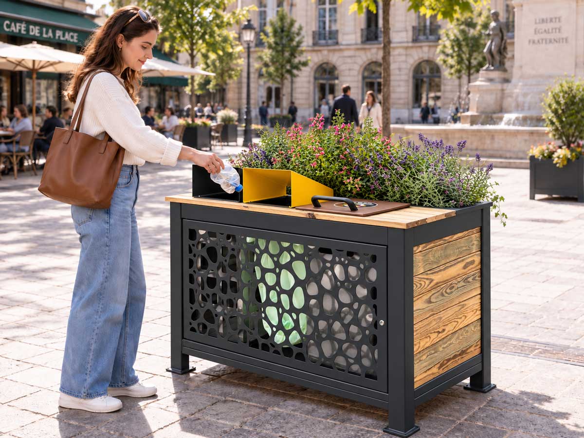 Poubelle tri-flux végétalisée Solubio intégrée dans un espace intérieur
