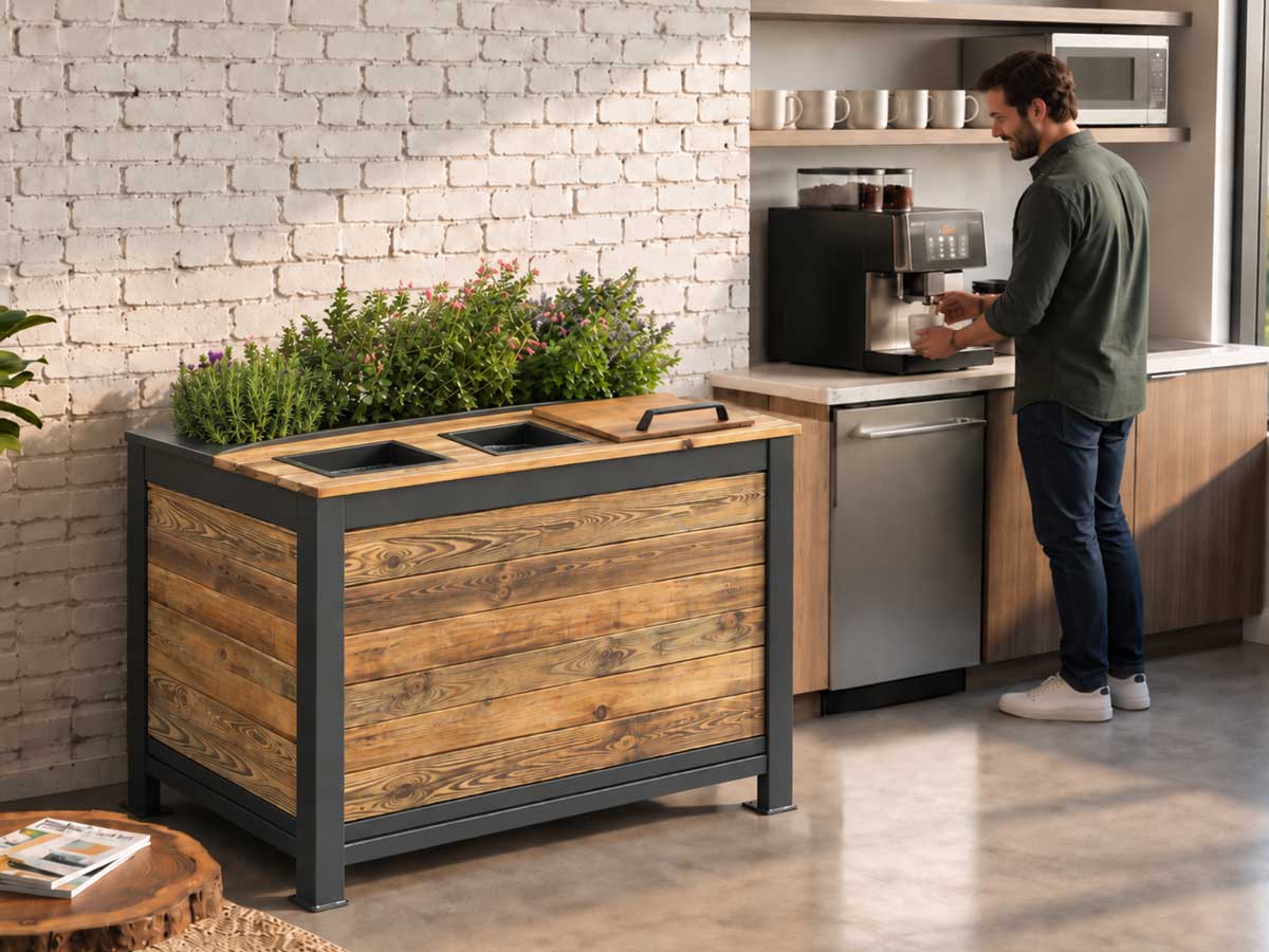 Poubelle tri-flux végétalisée dans un bureau